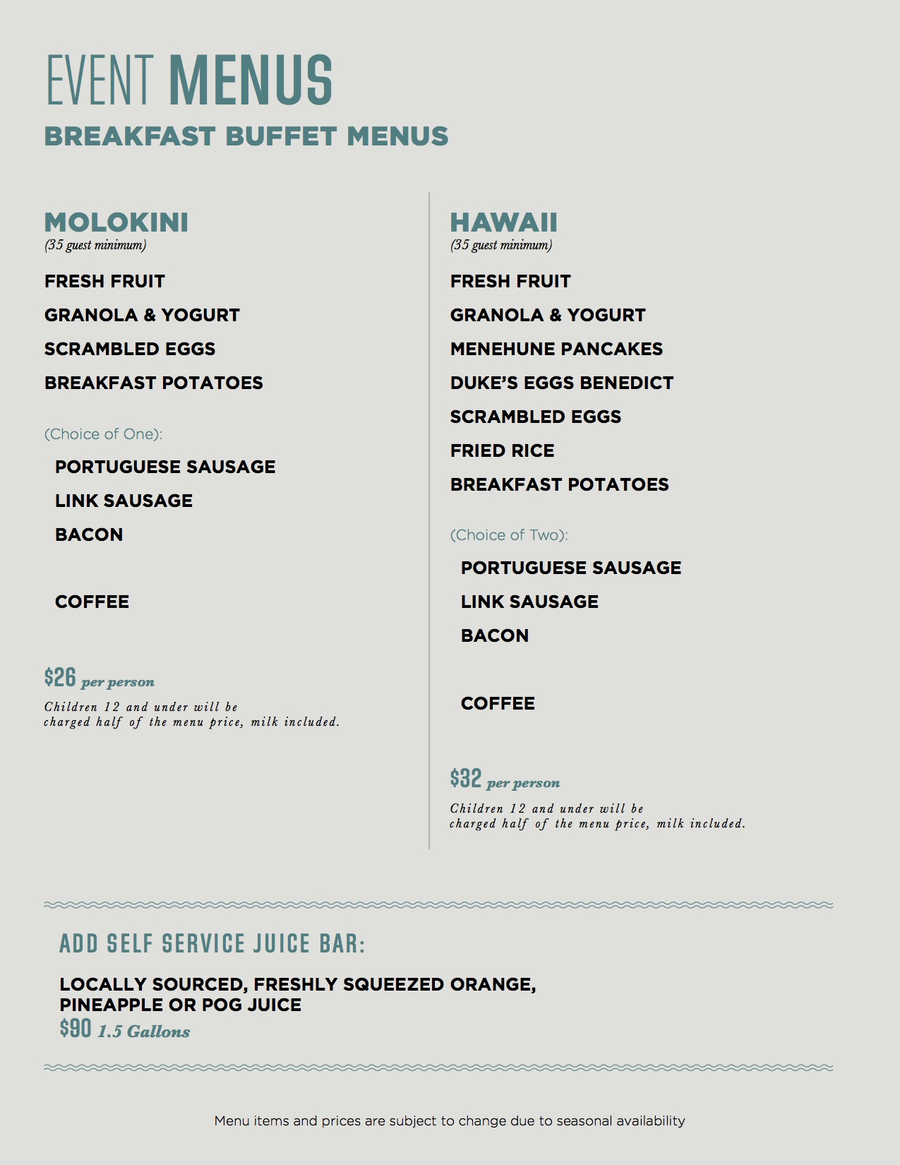 Breakfast Buffet Menus