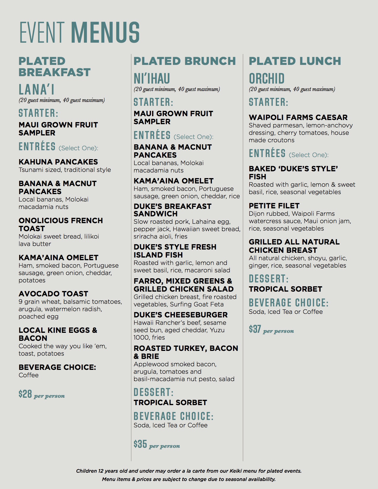 Plated Event Menus