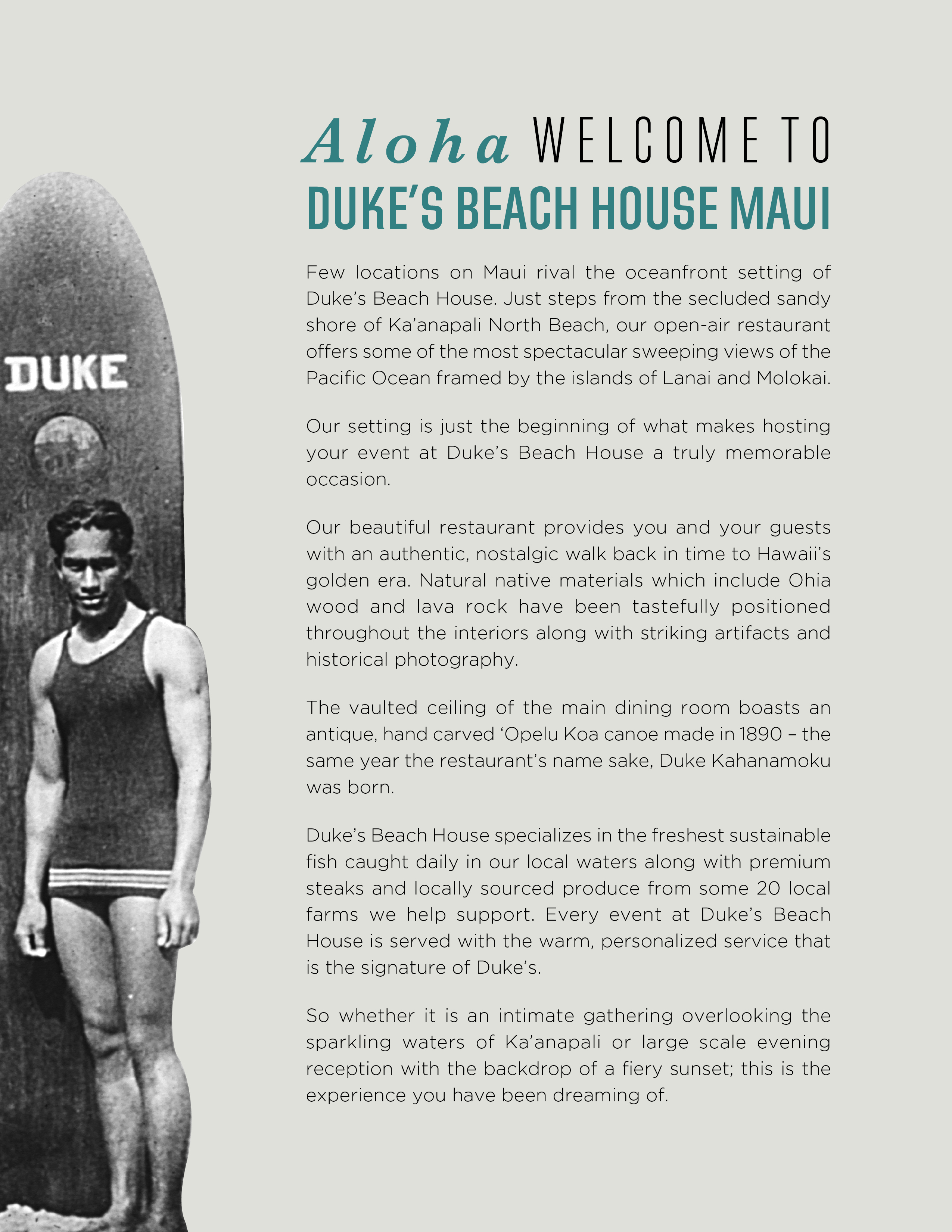 Brief of Duke's Beach House Maui with duke next to a surfboard