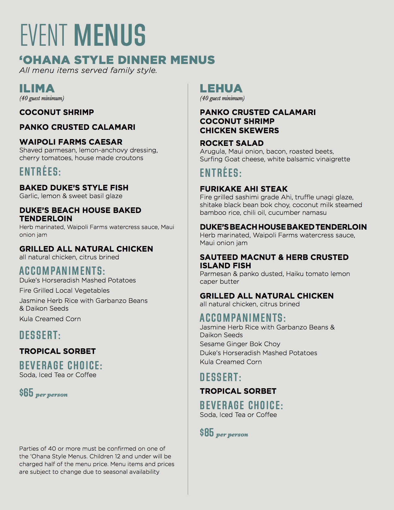 Ohana style dinner menu