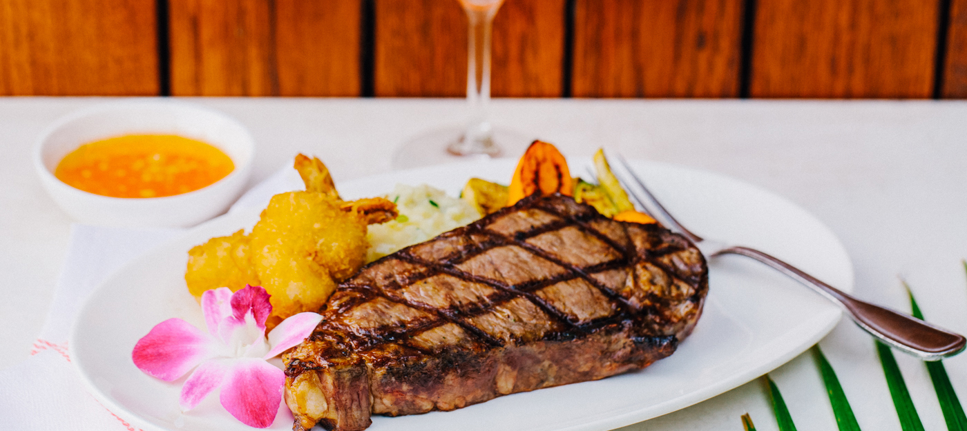 Large stake with fried shrimp and vegetables