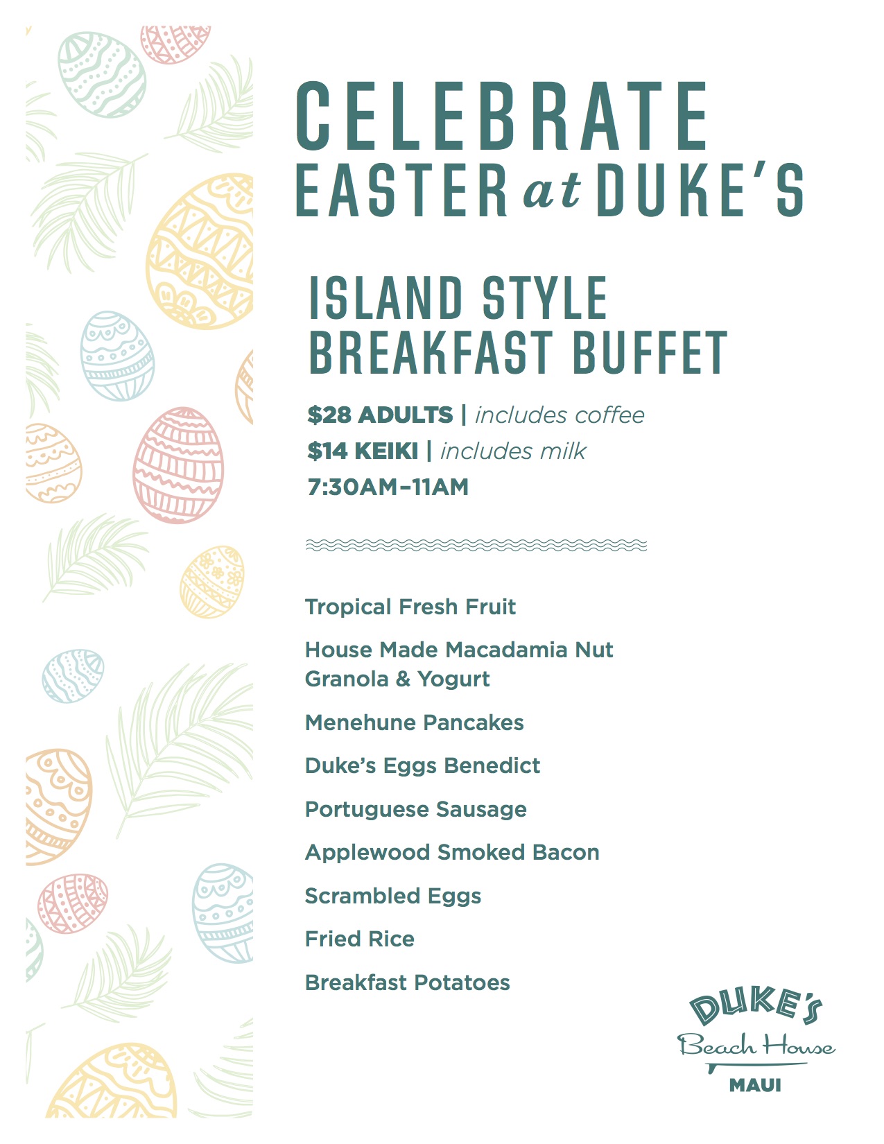 Easter menu for breakfast buffet